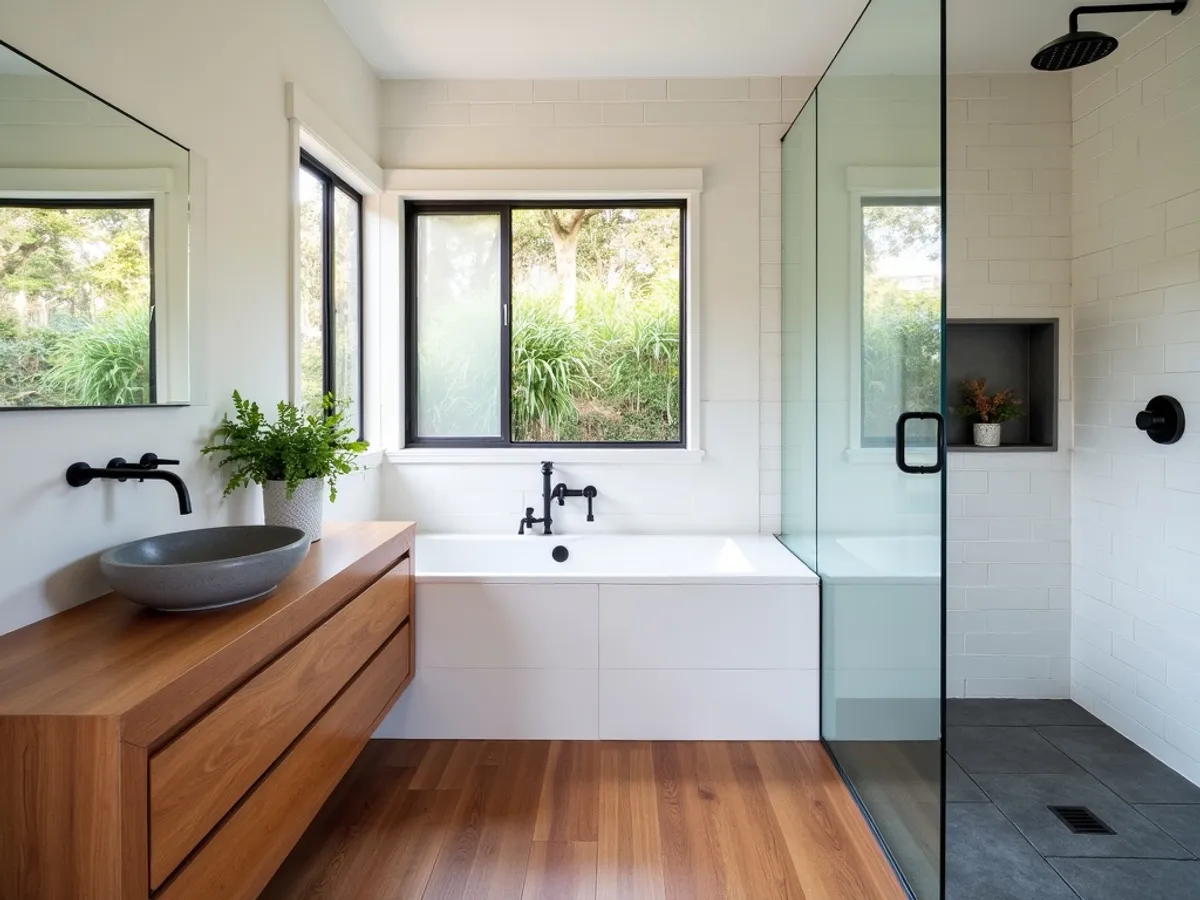 Renovated bathroom with floor-to-ceiling tiles and frameless shower screen in Chindera