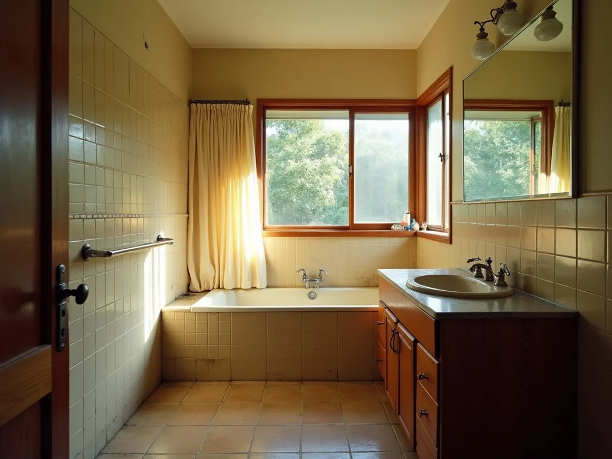 Original 1990s bathroom with dated tiles and vanity in Chindera