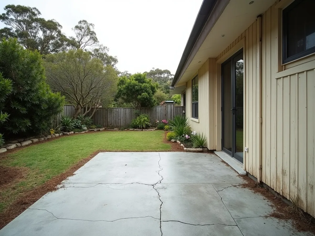 Bare concrete slab and overgrown yard at Fingal Head coastal property