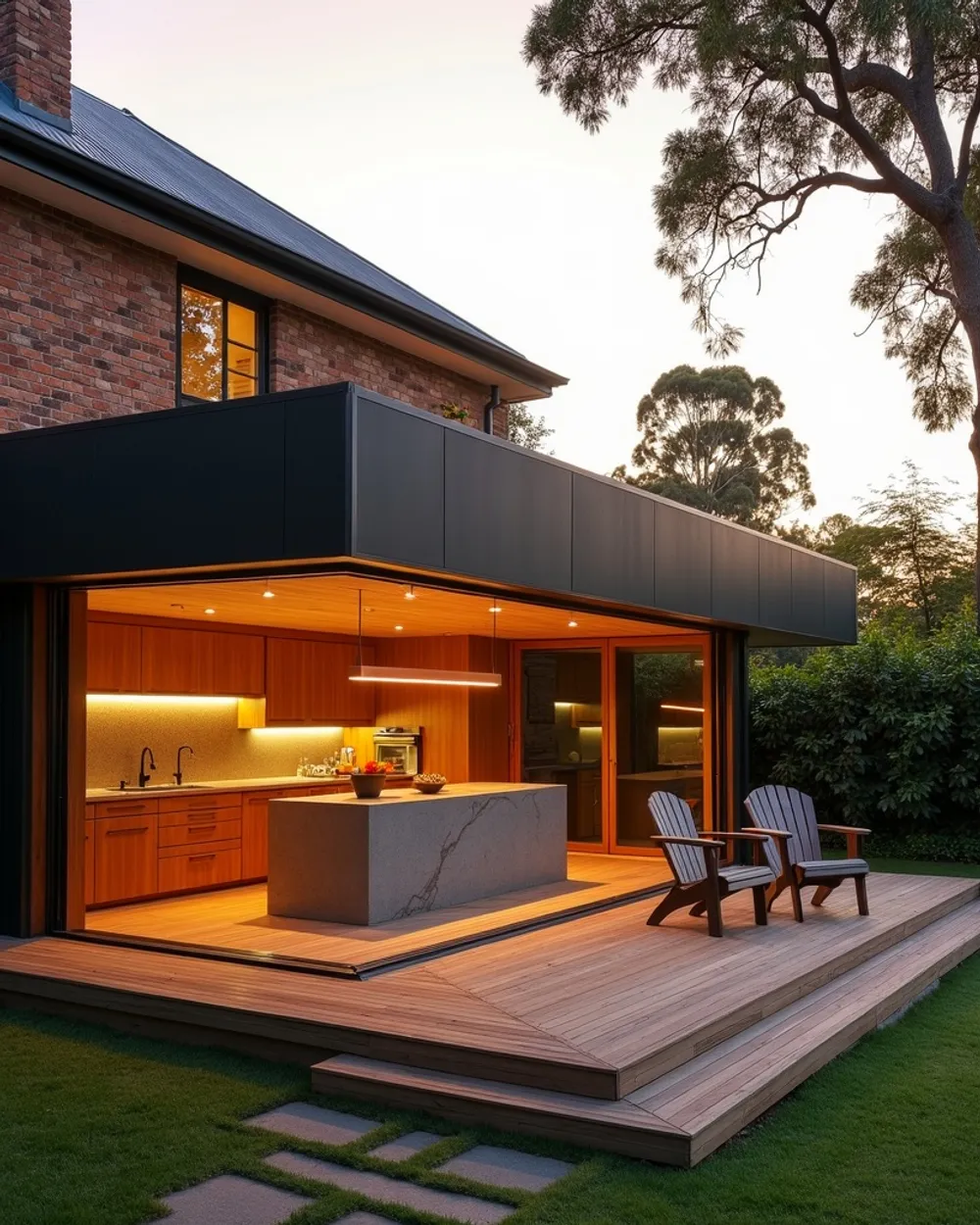 Completed home extension on the Tweed Coast with matched roofline and hardwood deck