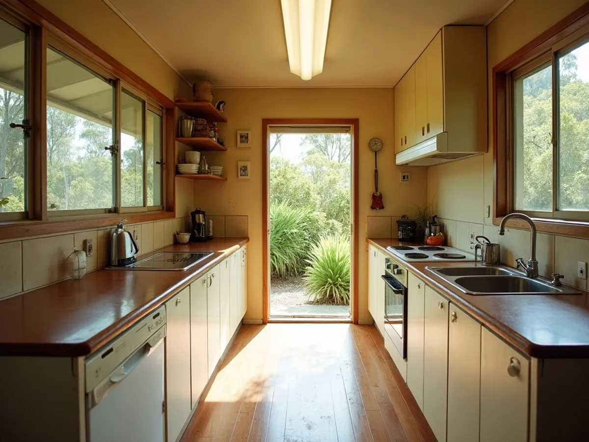 Original galley kitchen with laminate benchtops in Cabarita Beach home