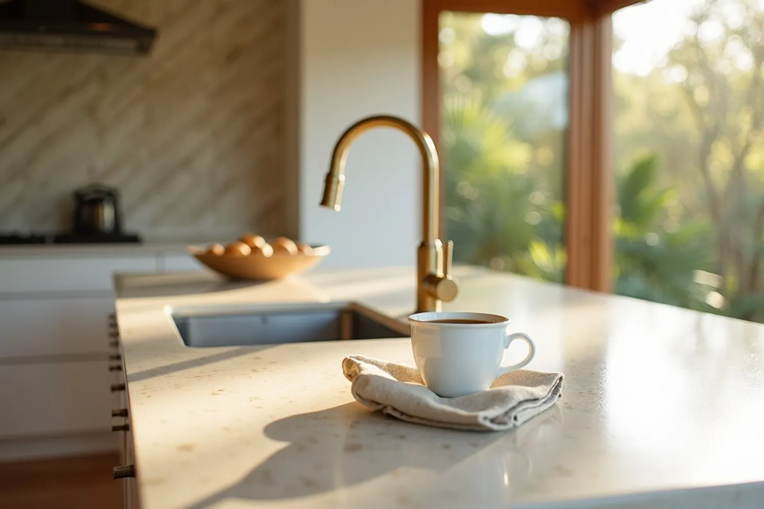 Stone benchtop and integrated sink detail in Cabarita Beach kitchen renovation