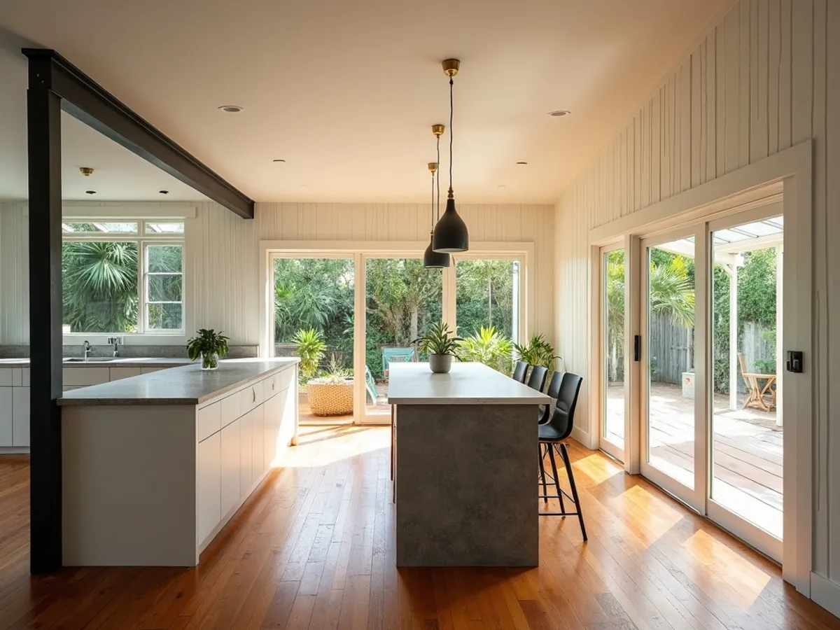 Modernised Queenslander interior with preserved VJ panelling and updated kitchen